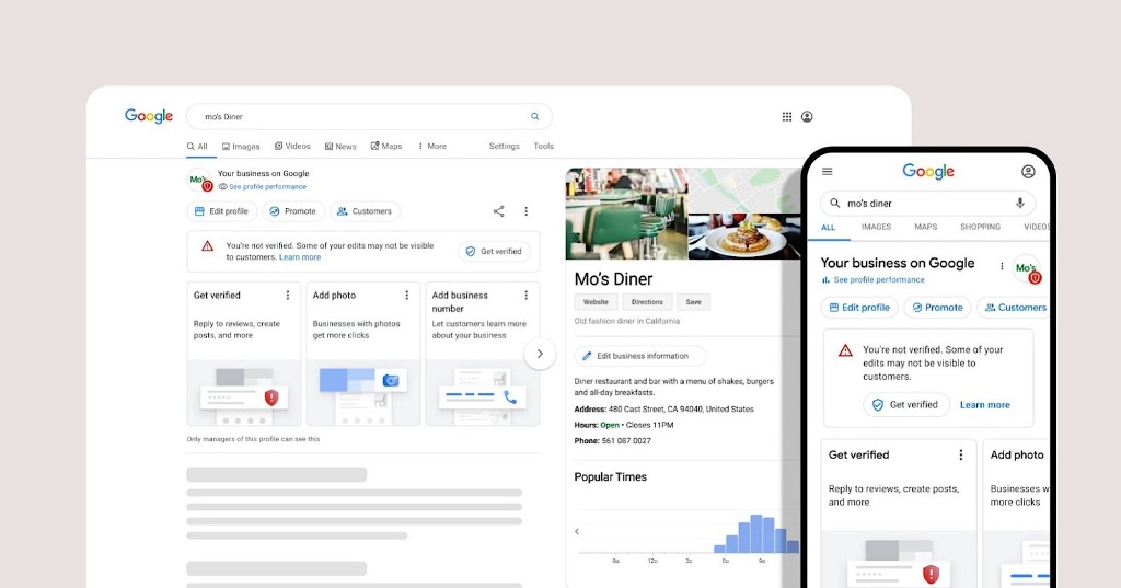 Google My Business profile management — Mo's Diner on Google Search and mobile